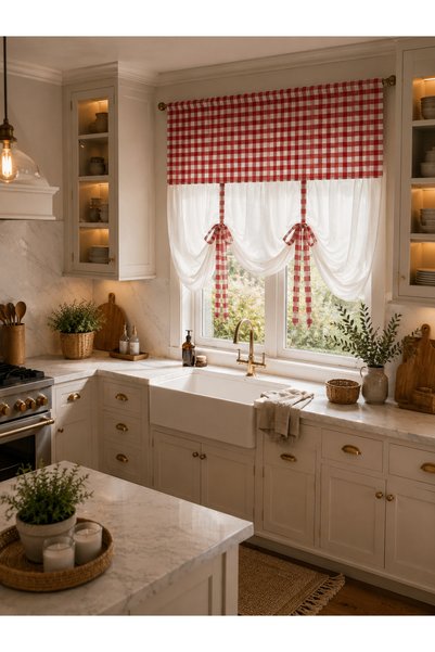 perde plus Pötikare, Perdea de bucătărie în carouri – Perdea din tul model natural rustic, asortată cu stilul rustic și cu cornișa.