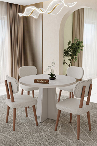 UZMHOME Yuvarlak 90 x 90 4 Sandalyeli Mutfak Masa Takımı Yemek Masası Salon T...