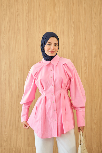 LOCCO Women's Lightweight Gathered Poplin Shirt Pink