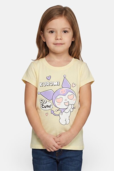 SANRIO Kids Girl Crew Neck Short Sleeve Kuromi Print T-Shirt, Light Yellow