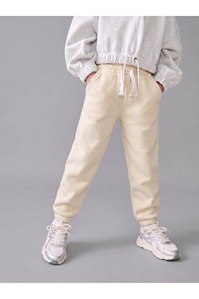 Tinymuyt Girl's Shawl Collar Double Pocket Combed Cotton Sweatpants Beige