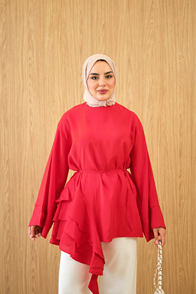 LOCCO Women's Volan Detailed Lace-Up Tunic Red