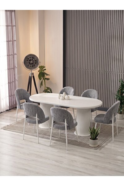 JoyMassa MERİ 90X180 BOHEM MASA - 6 ADET AY SANDALYE / KALVE KUMAŞ-MDF MASA