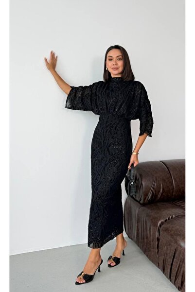 NEW JOURNAL Rochie midi neagră cu mâneci liliac și sclipici pentru femei ELT7277