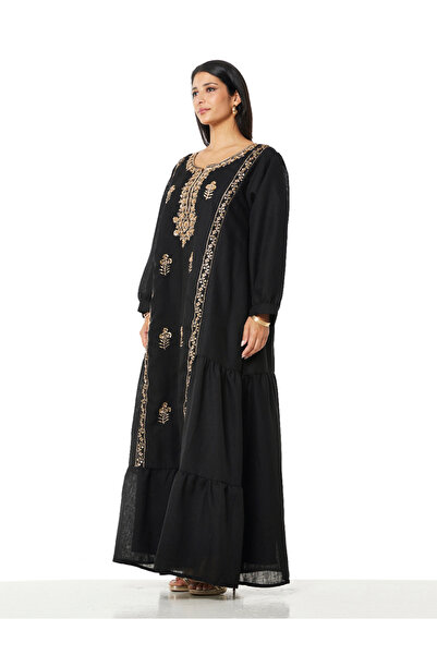 Thouq By Styli Black A-Line Maxi Kaftan with Gold Embroidery
