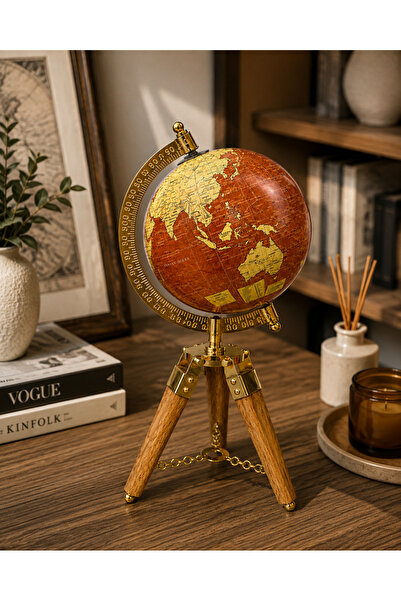 hediyeconcepti Ahşap Tripot Ayaklı Dekoratif Dünya Küre Vintage Tasarım Şık Masa Üstü Ev Ofis Dekor Objesi