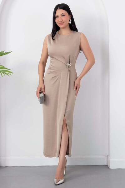 PULLIMM Oval Neckline Side Pleated Buckled Satin Dress K-251633