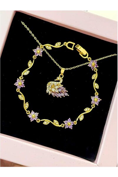 Heda Jewelry Dainty Violet Jewelry Set - Lilac Swan Necklace and Lilac Flower...