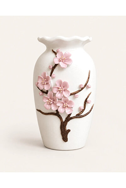 Mary's Concept Pembe Bahar Dalı Dalgalı Ağızlı Kabartmalı Porselen Vazo 24 cm