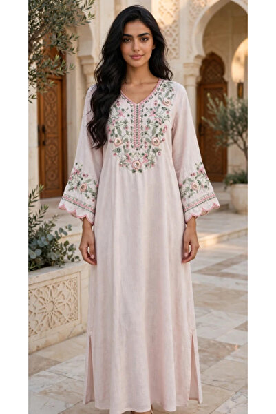 IKKXA Floral Embroidered V Neck Jalabiya with Scalloped Cuffs