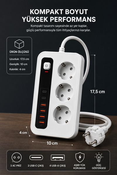 MEGAMUS 3’lü Akım Korumalı Priz – 2 USB-C + 4 USB-A | 2 Metre Kablolu