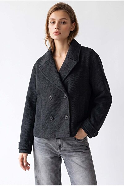 Mixray 4966 Women's Double-Breasted Collared Corduroy Short Coat Black