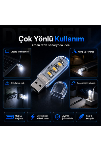 Derwell Yeni 2026 Kompakt Mini USB LED Aydınlatma Taşınabilir Masa Lambası 3 LED SMD Parlak Beyaz Işık Laptop PC Powerbank Uyumlu Şeffaf Gövde Koruyucu Kapaklı Kitap Okuma Kamp Gece Lambası Dayanıklı