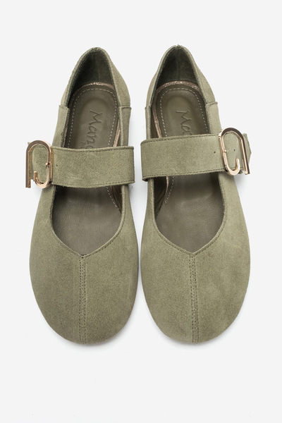 MANCORIGO Genuine Leather Olive Suede Women's Buckle Detailed Ballerinas Dear Oil Green