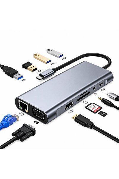 LEVONG LE-84 11in1 Type-c Hub Çevirici Çoklayıcı 4 Usb Hdmi Vga Ethernet Audi...