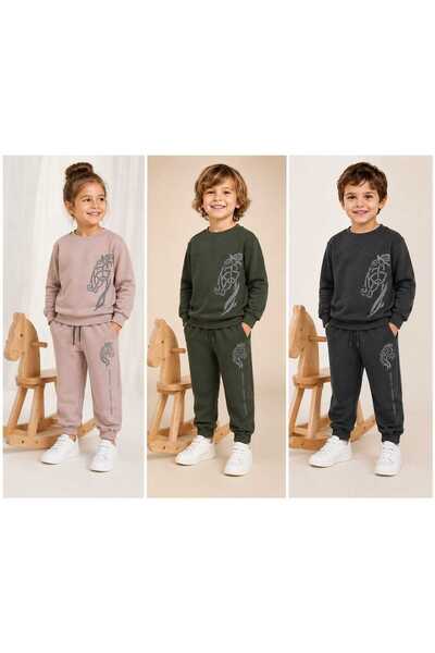 Generic Brand Children's Nordic Horse Patterned Sweatshirt and Jogger Tracksuit Set