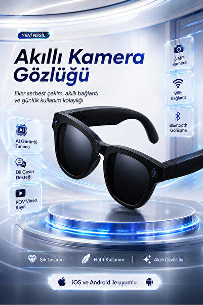 TECHNOMEN AI Destekli Akıllı Kamera Gözlüğü 8 MP 1080P HD Video WiFi Bluetoot...