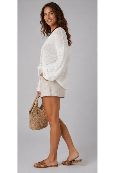 AÇELYA TEKSTİL Front-Tie Short Cardigan