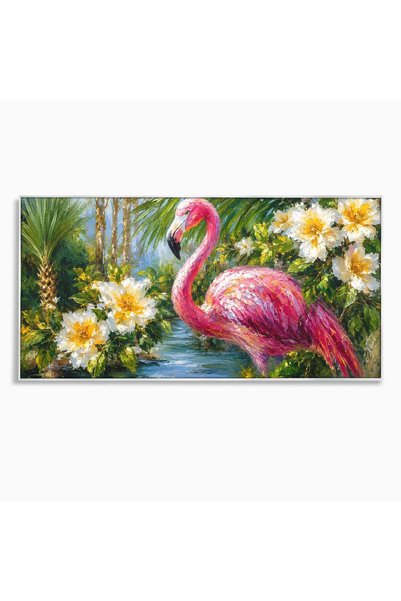 Luxcanva Tablou Canvas Flamingo Tropical 140x70 cm cu Rama Argintiu Flamingo ...