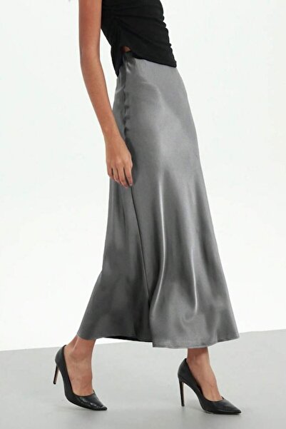 StreetWear Outlet Fustă de damă, Maxi, Aspect satinat, Talie înaltă, Gri deschis, M