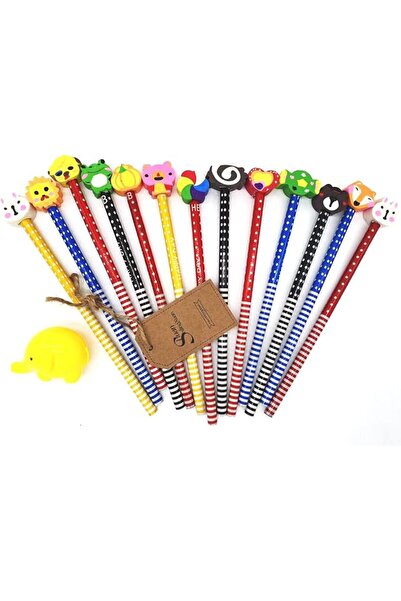 GENERAL 12 قلم رصاص خشبي ملون بتصميم كرتوني مخطط مع ممحاة على شكل حيوانات للأ...