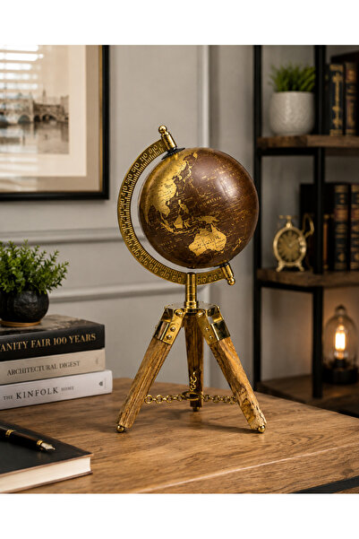 hediyeconcepti Ahşap Tripot Ayaklı Dekoratif Dünya Küre Vintage Tasarım Şık Masa Üstü Ev Ofis Dekor Objesi