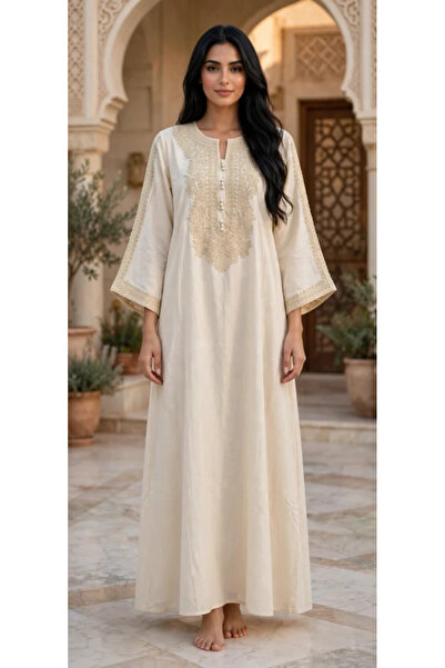 IKKXA Elegant Embroidered Jalabiya with Trumpet Sleeves
