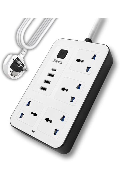 Zahaa سلك تمديد عالمي بطول 5 أمتار مع 4 منافذ طاقة و3 منافذ USB، شريط طاقة مت...
