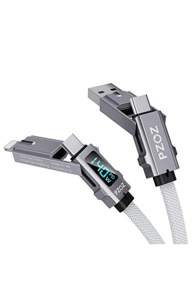 Pzoz كابل 4 في 1 بقوة 140 واط وطول 1.5 متر مع شاشة LED لعرض الطاقة، يدعم USB-...