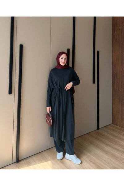 ankanoor Kuşaklı Yırtmaçlı Tunik Pantolon Pike Takım ANKA261059
