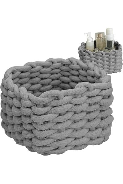 Tazweeq Small Cotton Rope Woven Basket, Gray Cute Square Storage Bin, Mini Or...