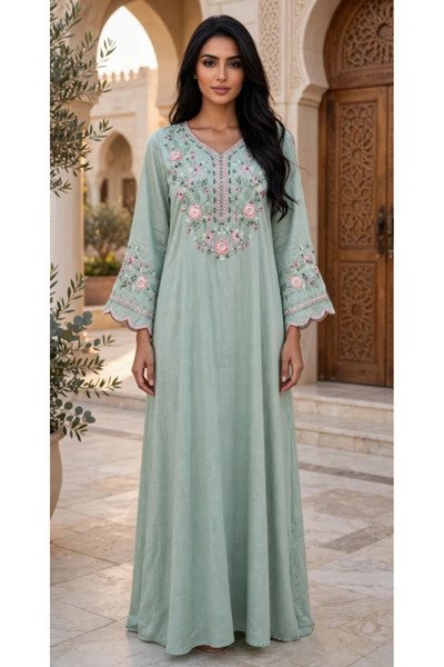 IKKXA Floral Embroidered V Neck Jalabiya with Scalloped Cuffs