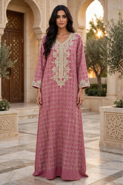 IKKXA Geometric Lattice Embroidered V Neck Jalabiya