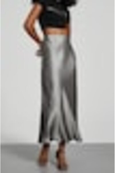 StreetWear Outlet Fustă de damă, Maxi, Aspect satinat, Talie înaltă, Gri deschis, M