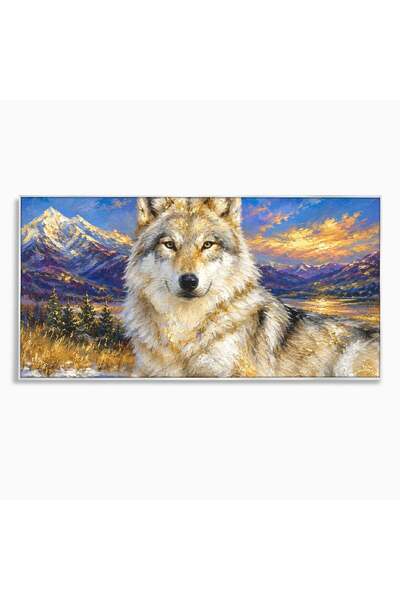 Luxcanva Tablou Canvas Lupul In Munti 100x50 cm cu Rama Argintiu Lup Munti Apus
