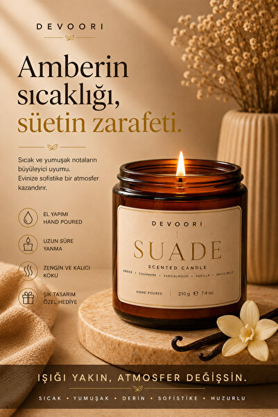 Devoori Suade Sofistike Premium Kokulu Mum Amber, Cashmere, Sandal Ağacı, Van...