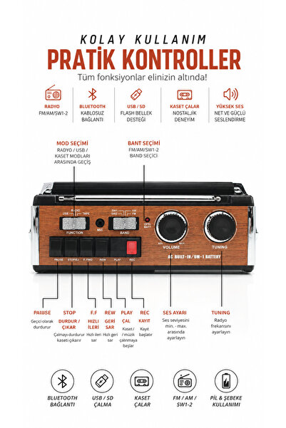 ULTRATEKNO FP-319BT Nostaljik Kaset Çalar Bluetooth USB SD Kart FM AM SW Radyo Elektrikli Retro Teyp