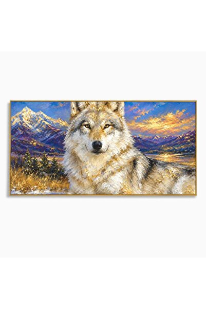 Luxcanva Tablou Canvas Lupul In Munti 100x50 cm cu Rama Auriu Lup Munti Apus