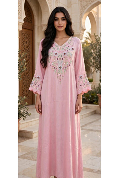 IKKXA Paisley Embroidered V Neck Jalabiya with Scalloped Sleeves