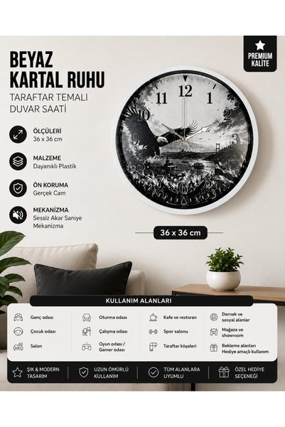 ZENTİME Beyaz Kartal Ruhu Taraftar Temalı 36 x 36 Cm Duvar Saati