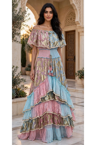 IKKXA Off Shoulder Metallic Tiered Maxi Jalabiya