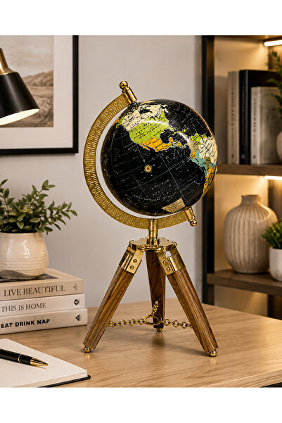 hediyeconcepti Ahşap Tripot Ayaklı Dekoratif Dünya Küre Vintage Tasarım Şık Masa Üstü Ev Ofis Dekor Objesi