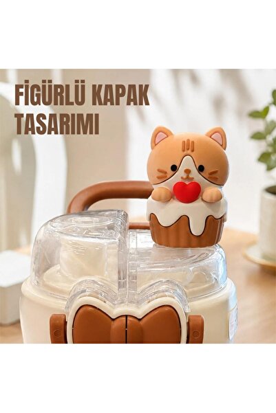 DILLER D9391 Kedi Figür Paslanmaz Çelik Desenli Termos 490 Ml Kahverengi Unisex Termos Ve