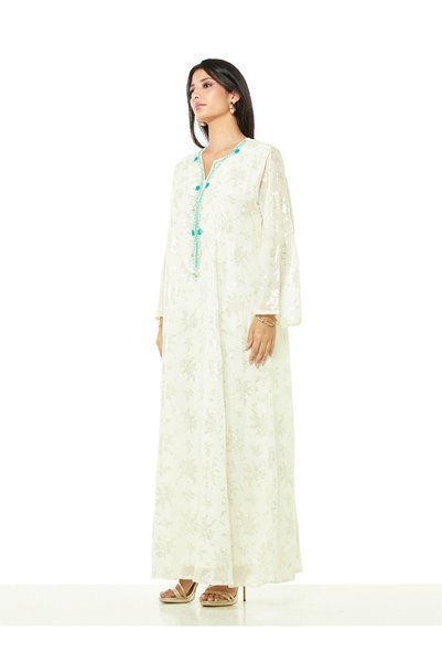 Thouq By Styli Cream A-Line Maxi Jalabiya with Aqua Embellishment