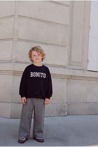 Magu Children's Cotton Letter Printed Black School Sweatshirt and Gray Plaid ...