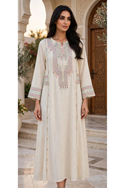 IKKXA Geometric Embroidered Notch Neck Maxi Jalabiya