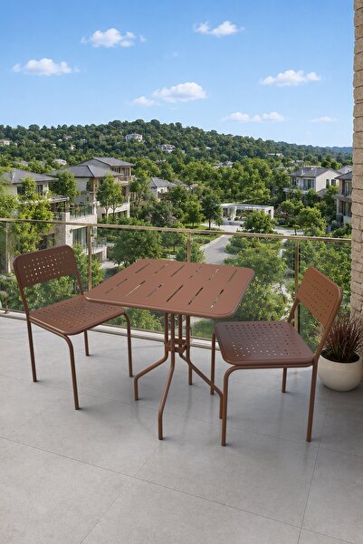Evdemo Eftalia 2 Kişilik Metal Bahçe Balkon Mutfak Masa Takımı Kahverengi