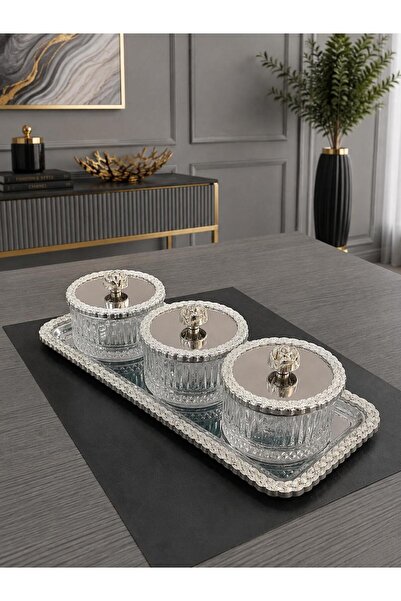 Aslı Hediyelik 3'lü Hasır Detaylı Full Gümüş Çerezlik Sunumluk Baharatlık Don...