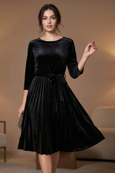 OEM Rochie dama midi din catifea plisata cu cordon in talie decolteu rotund s...