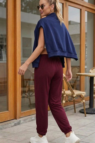 STRAVON Women's Burgundy Modal Draped Cut Soft Textured Sweatpants with Elastic Waist and Cuffs